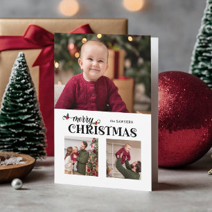 Watercolor Blommig Glad Jul Skript 3-Foto Helgkort