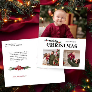 Watercolor Blommig God Jul Script 3-Foto Helg Vykort