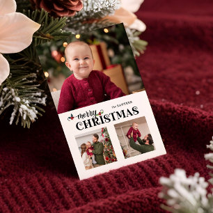 Watercolor Blommig God Jul Script 3-Foto Julkort