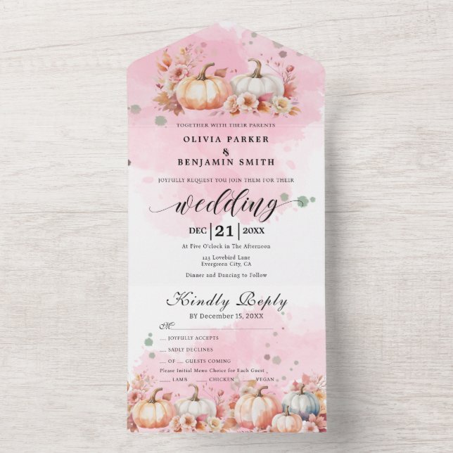Watercolor Blommigt Autumn Rosa Pumpkin Fall Weddi (Inside)