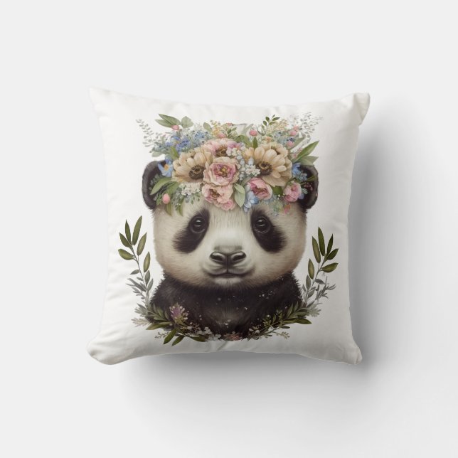 Watercolor Blommigt Baby Panda Cute Kudde (Framsida)