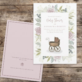 Watercolor Blommigt Baby Rosa Carriage Gift Regist Inbjudningar