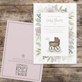 Watercolor Blommigt Baby Rosa QR Code Gift Registr Inbjudningar