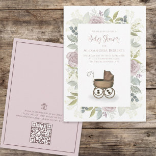 Watercolor Blommigt Baby Rosa QR Code Gift Registr Inbjudningar