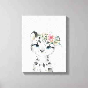 Watercolor Blommigt Baby Snö Leopard Canvastryck