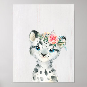 Watercolor Blommigt Baby Snö Leopard Poster