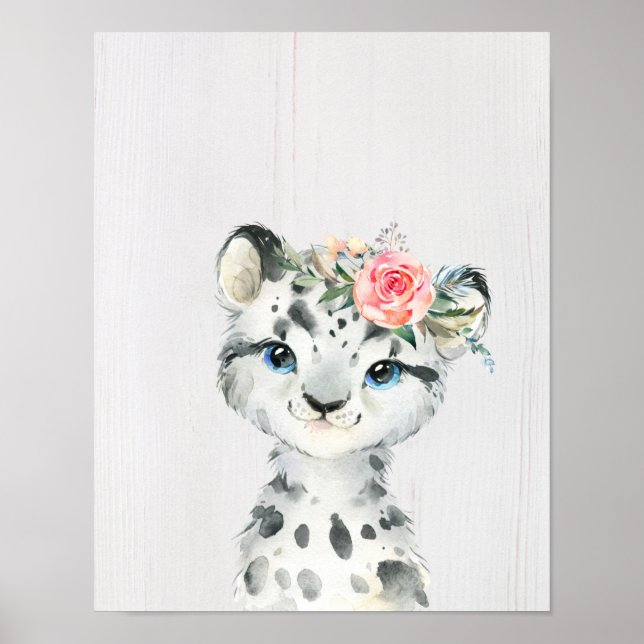 Watercolor Blommigt Baby Snö Leopard Poster (Framsidan)