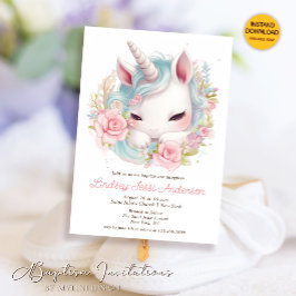 Watercolor Blommigt Baby Unicorn Girl Baptism Inbjudningar
