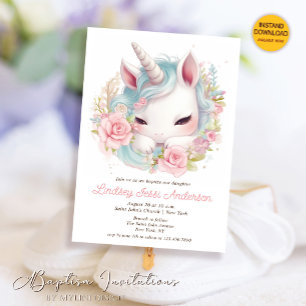 Watercolor Blommigt Baby Unicorn Girl Baptism Inbjudningar