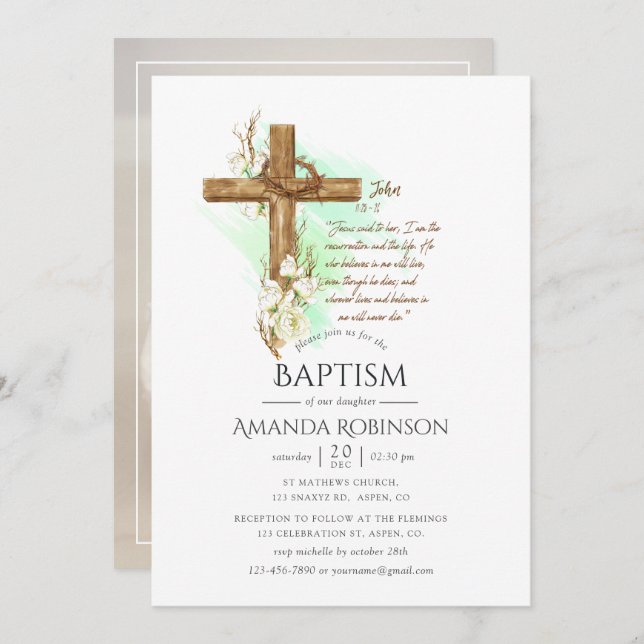 Watercolor Blommigt Baptism eller Christening John Inbjudningar (Fram/baksida)