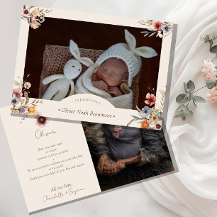 Watercolor Blommigt Beige Two Photo Birth Meddelande