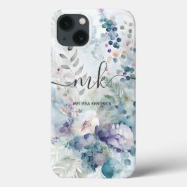 Watercolor Blommigt Berries Ferns Monogram Namn