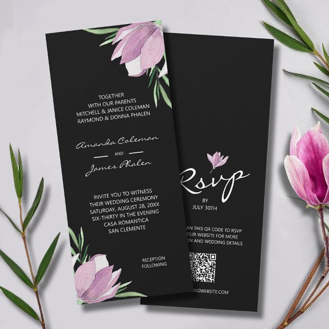 Watercolor Blommigt Black Bröllop allt-i-ett Inbjudningar (Elegant purple magnolias QR code all-in-one wedding invitations - INSTANT DOWNLOAD and/or PRINTED)