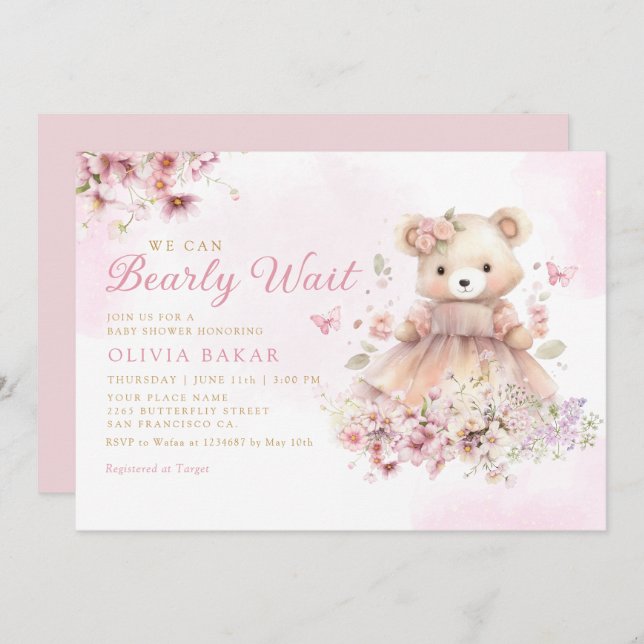 Watercolor Blommigt Boho Nalle Girl Baby Shower Inbjudningar (Fram/baksida)