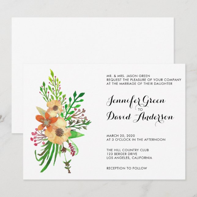 Watercolor Blommigt Bouquet Bröllop Inbjudningar (Fram/baksida)