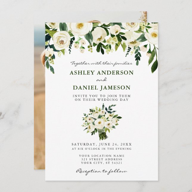 Watercolor Blommigt Bouquet Elegant Photo Bröllop Inbjudningar (Fram/baksida)