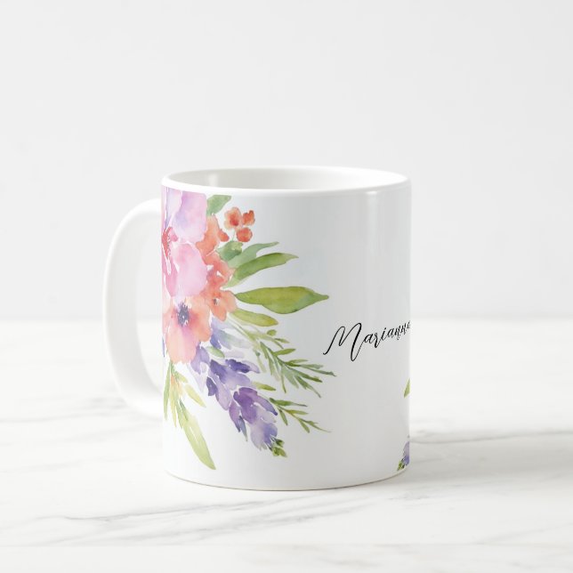Watercolor Blommigt Bouquet Kaffemugg (Framsida vänster)