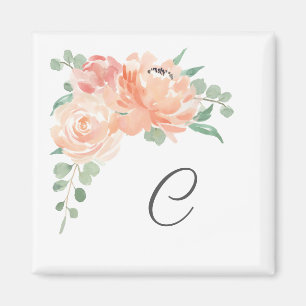 Watercolor Blommigt Bouquet med Monogram Magnet