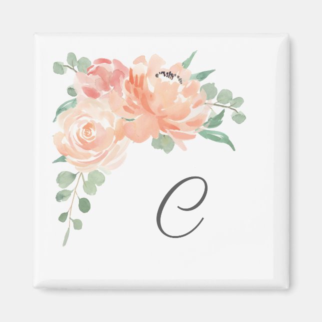 Watercolor Blommigt Bouquet med Monogram Magnet (Framsidan)