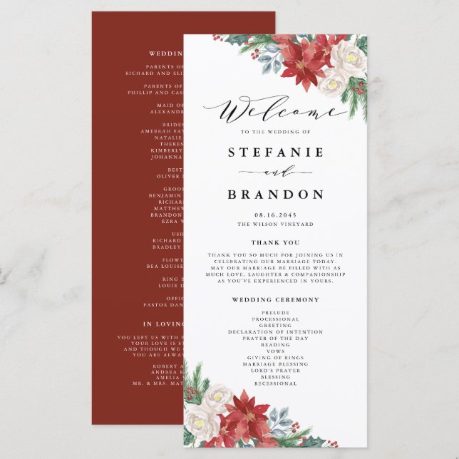 Watercolor Blommigt Bouquet Winter Wedding Ceremon Program (Fram/baksida)