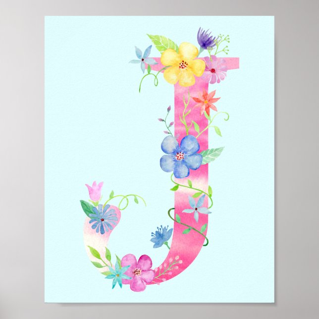 Watercolor Blommigt Brev J Poster (Framsidan)