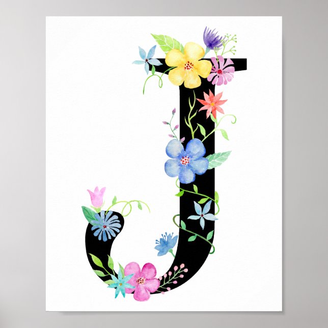Watercolor Blommigt Brev J Poster (Framsidan)