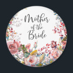 Watercolor Blommigt Budens mamma Round Magnet<br><div class="desc">Den här runda magneten har  blommigtar för vattenfärg och skriptet "Budens mamma" för elegant på vit bakgrund. En söt keepy för bröllopsdagen,  möhippan eller presentväskan. Para perfekt med objekt från den  samlingen för Bröllop i Blommigt.</div>