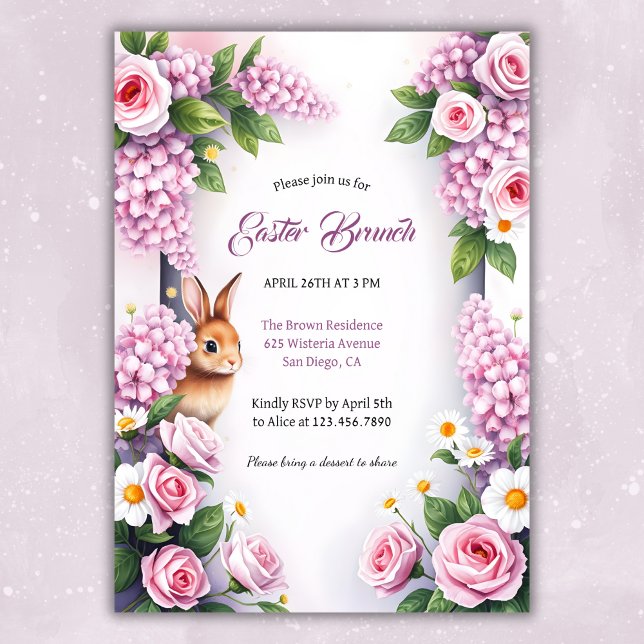 Watercolor Blommigt Bunny Påsk Brunch Inbjudningar (Elegant Floral Easter Brunch Invitation with Bunny)