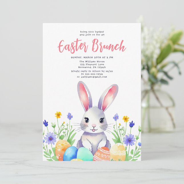 Watercolor Blommigt Bunny Rabbit Påsk Brunch Inbjudningar (Stående Fram)