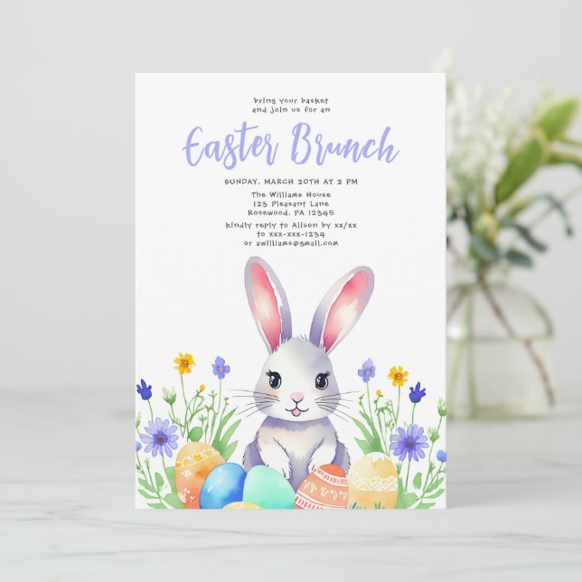 Watercolor Blommigt Bunny Rabbit Påsk Brunch Julkort (Stående Fram)