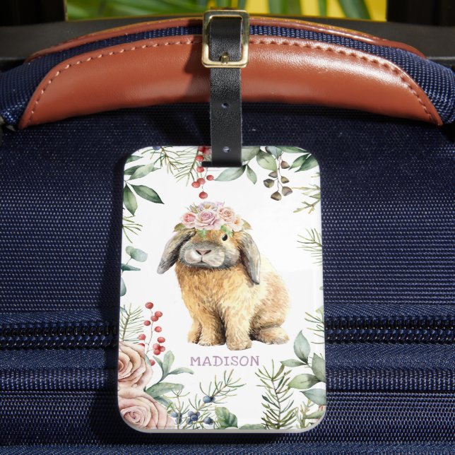 Watercolor Blommigt Bunny Rabbit Personlig Namn Bagagebricka (Framsida Insitu 2)