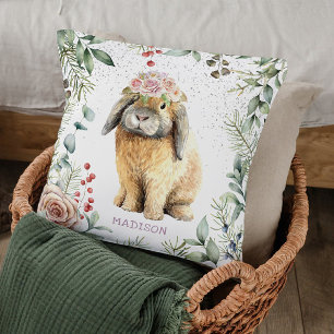 Watercolor Blommigt Bunny Rabbit Personlig Namn Kudde