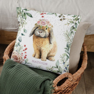 Watercolor Blommigt Bunny Rabbit Personlig Namn Kudde