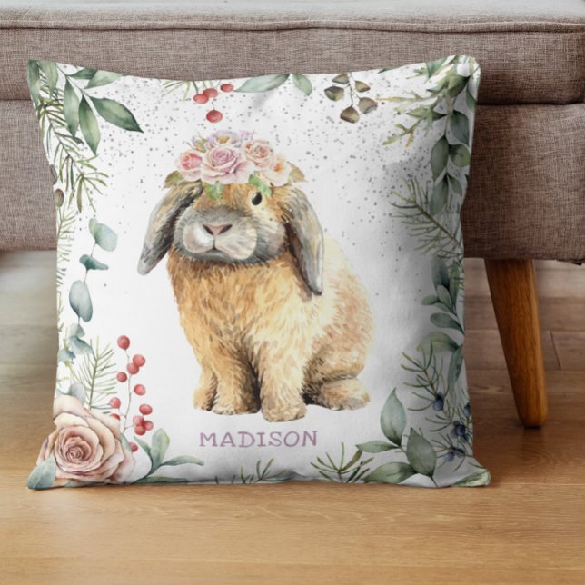Watercolor Blommigt Bunny Rabbit Personlig Namn Kudde (Skapare uppladdad)