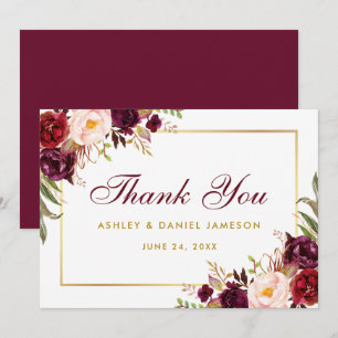 Watercolor Blommigt Burgundy Guld Bröllop Tack SB Kort