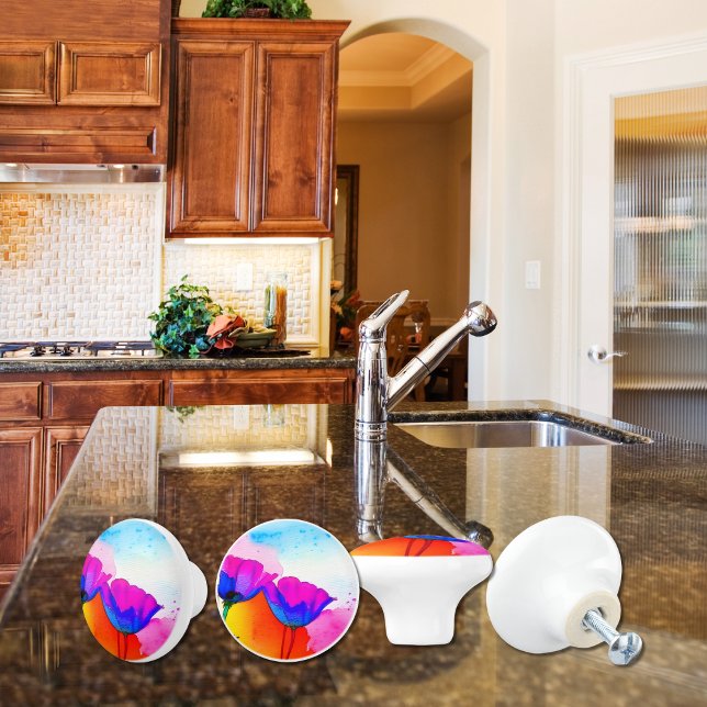 Watercolor Blommigt California Poppy Drawer Cabine Knopp (Watercolor floral cabinet pulls knobs with pink and blue California Poppies for your kitchen or bath)