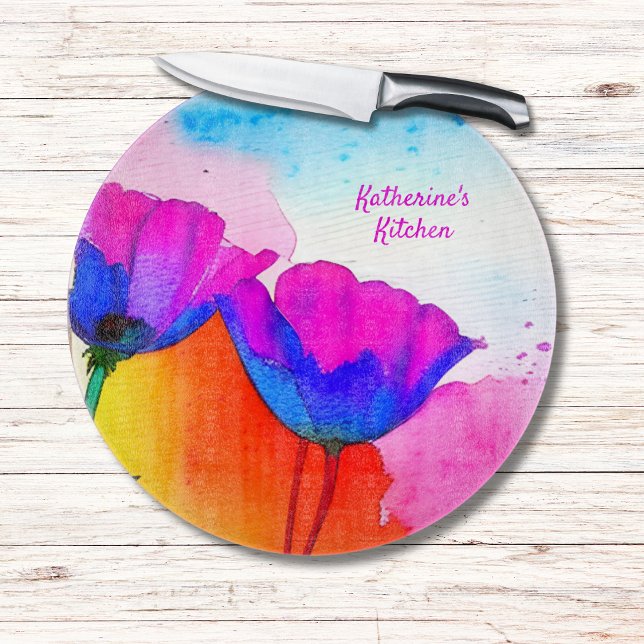 Watercolor Blommigt California Poppy Rosa Blue (Watercolor poppies in pink and blue adorn this beautiful personalized cutting board.)