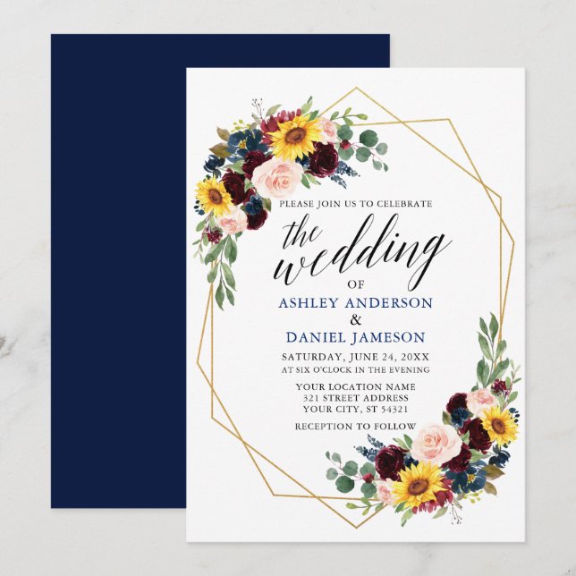 Watercolor Blommigt Calligraphy Geometric Bröllop Inbjudningar (Fram/baksida)