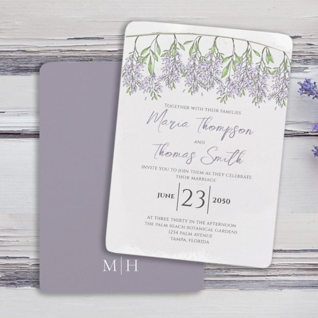 Watercolor Blommigt Calligraphy Script Elegant Lil Inbjudningar (Watercolor elegant Spring wisteria flower vine wedding invitation. )