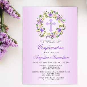 Watercolor Blommigt CONFIRMATION Lila Lavender Inbjudningar