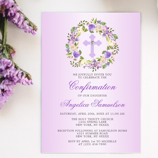 Watercolor Blommigt CONFIRMATION Lila Lavender Inbjudningar (Skapare uppladdad)