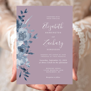 Watercolor Blommigt Dusty Blue Mauve Bröllop Inbjudningar