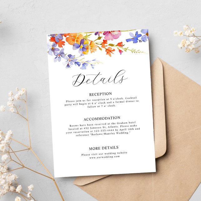 Watercolor Blommigt Elegant Wildblomma Bröllop Tilläggskort (Watercolor Floral Elegant Wildflower Wedding Enclosure Card)