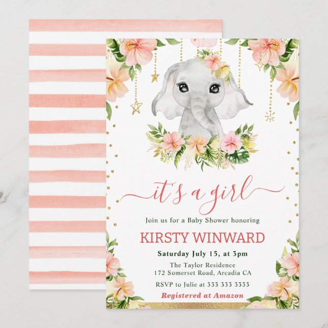 Watercolor Blommigt Elephant Girl Baby Shower Inbjudningar (Fram/baksida)
