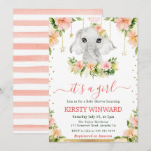 Watercolor Blommigt Elephant Girl Baby Shower