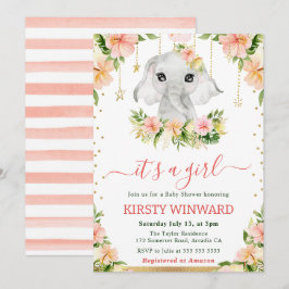 Watercolor Blommigt Elephant Girl Baby Shower Inbjudningar