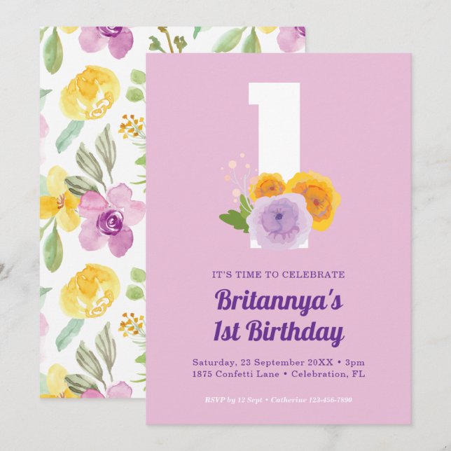 Watercolor Blommigt Girl's 1st Birthday Party Inbjudningar (Fram/baksida)