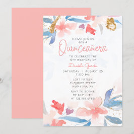 Watercolor Blommigt Glitter Butterfly Quinceañera Inbjudningar