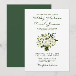 Watercolor Blommigt Grönt White Bröllop Bouquet GB Inbjudningar