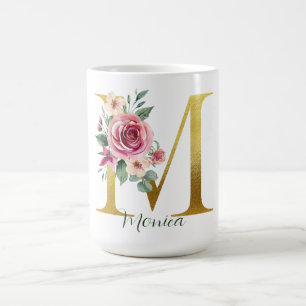 Watercolor Blommigt & Guld Brev M, Namn Kaffemugg